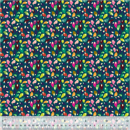 Botanica by Sally Kelly - Summer Leaves Teal - sold by the half yard