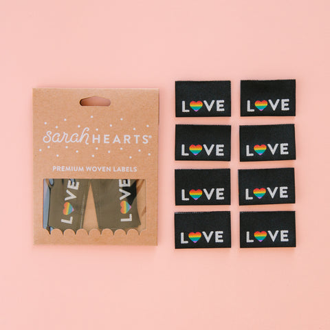 Sarah Hearts Premium Sew-In Woven Labels - Love Pride Heart Label (pack of 8)