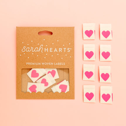 Sarah Hearts Premium Sew-In Woven Labels - Pink Heart Label (pack of 8)