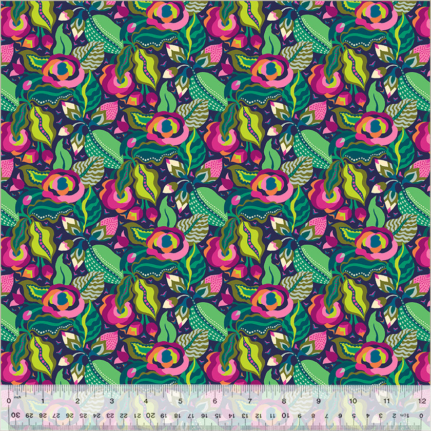 Botanica by Sally Kelly - Camellia Indigo - sold by the half yard