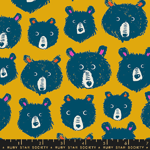 Teddy and the Bears by Sarah Watts - Teddy and the Bears Bear Heads Goldenrod - sold by the half yard