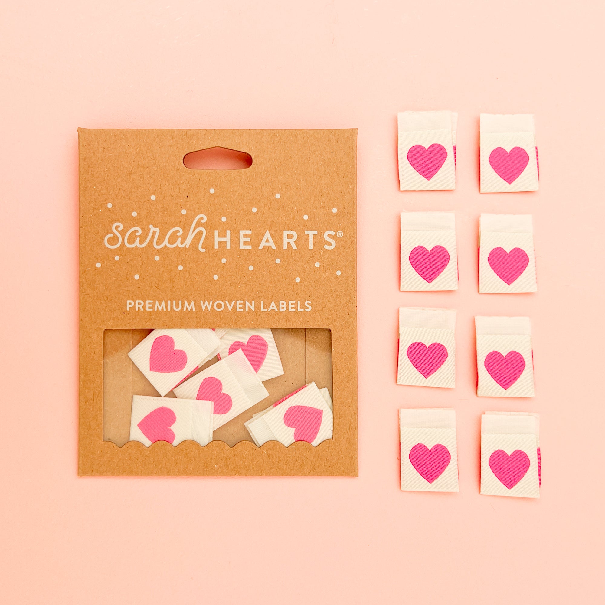 Sarah Hearts Premium Sew-In Woven Labels - Pink Heart Label (pack of 8)