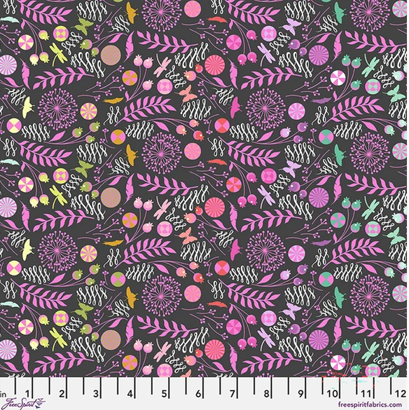 Tula Pink Dandelion in Licorice | Prince Charming Déjà Vu | FreeSpirit Cotton |  Quilting Fabric by the Half Yard